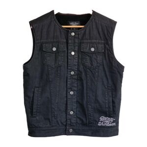 Harley Davidson Bkack Denim Vest Faux Sherpa Lining Embroidered Logo SZ Large